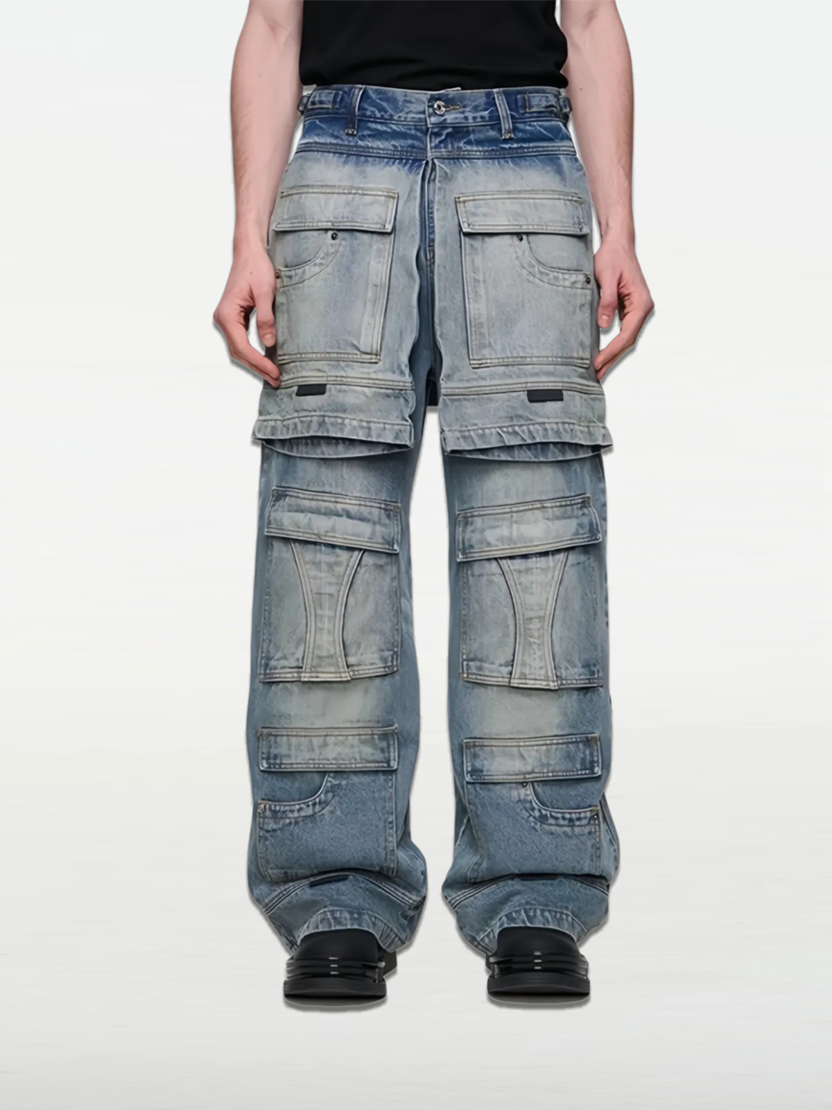 Multi-layered Faux Two-piece Ice Blue Workwear Denim Jeans