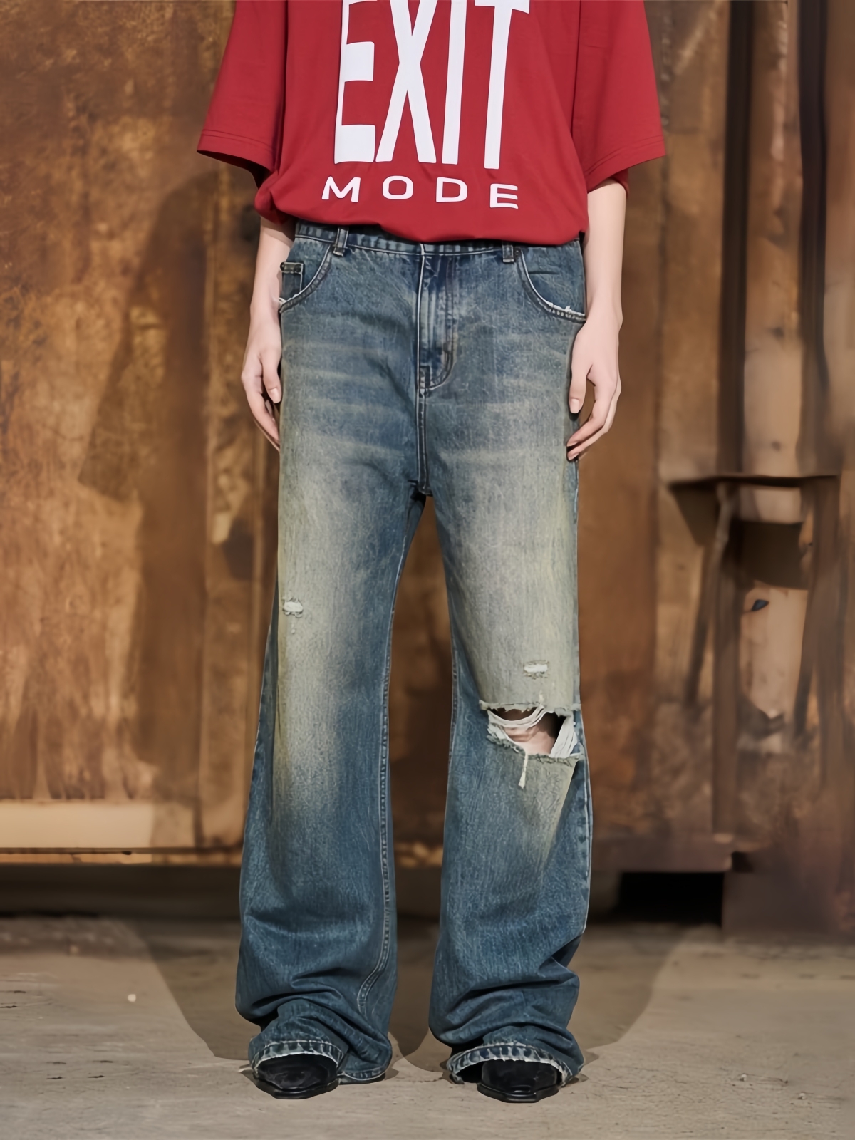 BLINDNOPLAN 24SS EXIT MODE Distressed Washed Blue Straight-Leg Pants