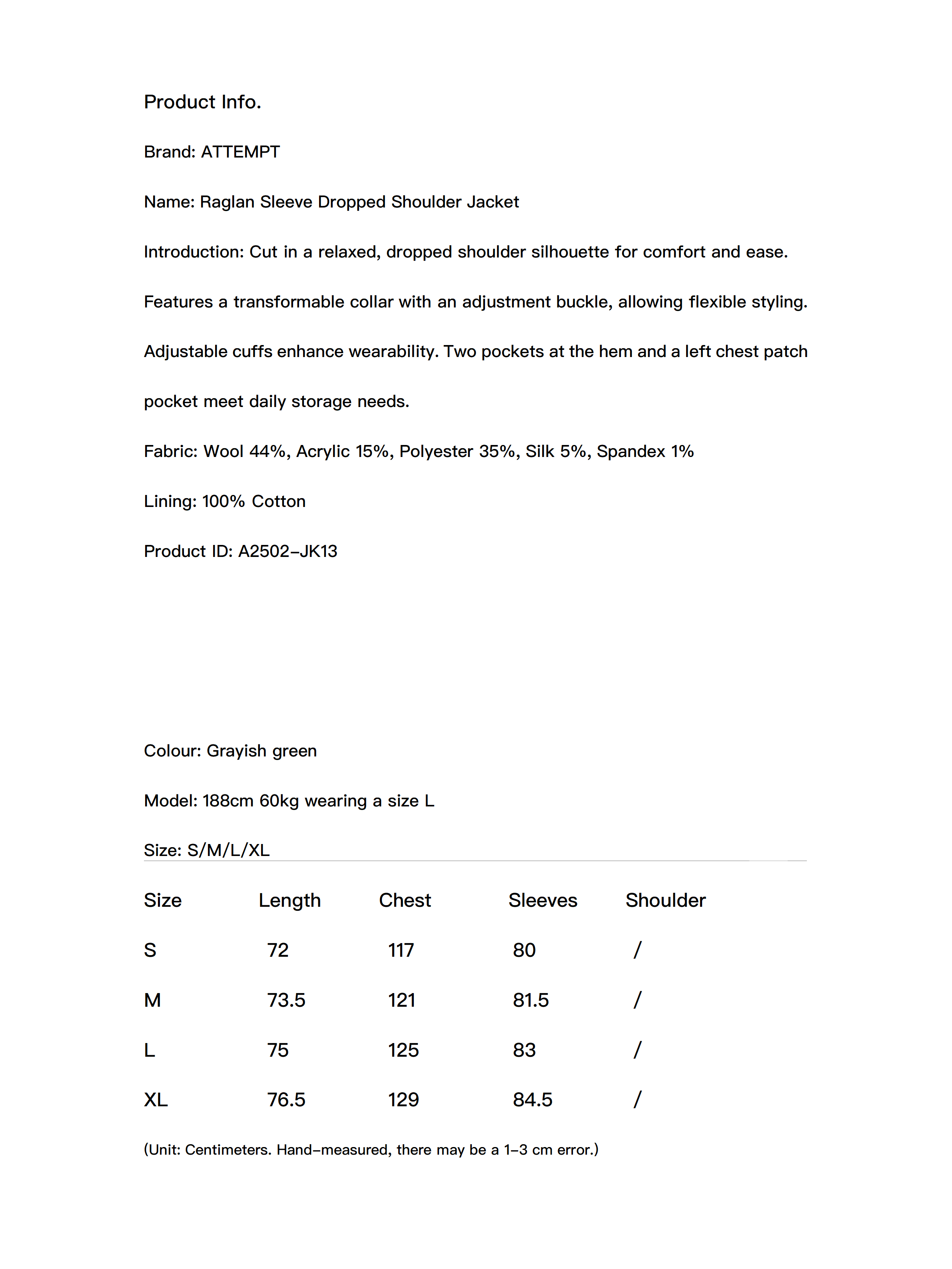 Raglan Sleeve Dropped Shoulder Jacket