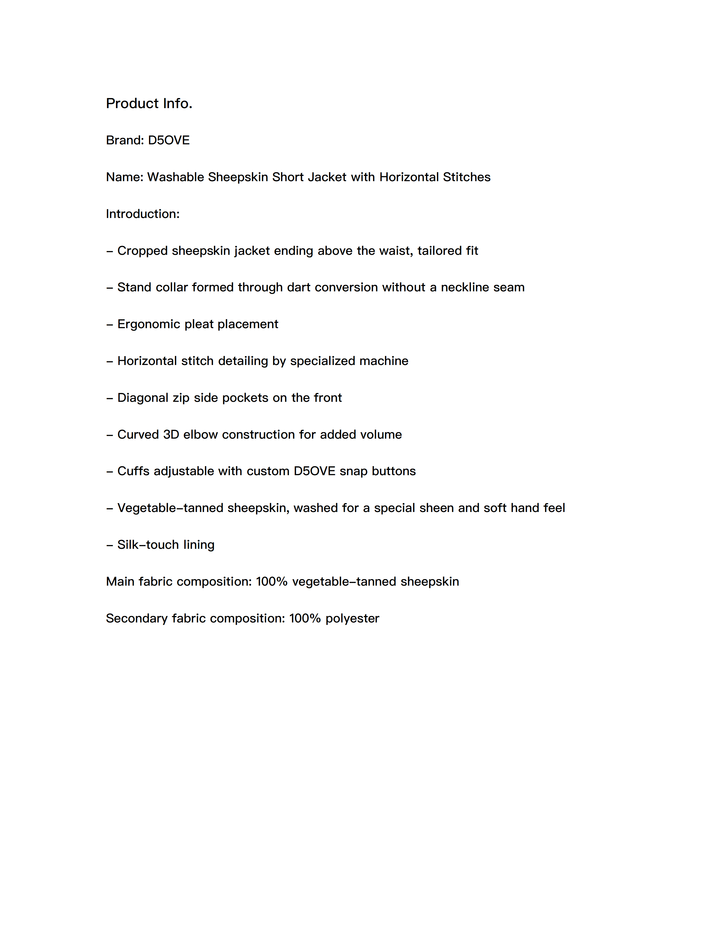 Washable Sheepskin Short Jacket with Horizontal Stitches