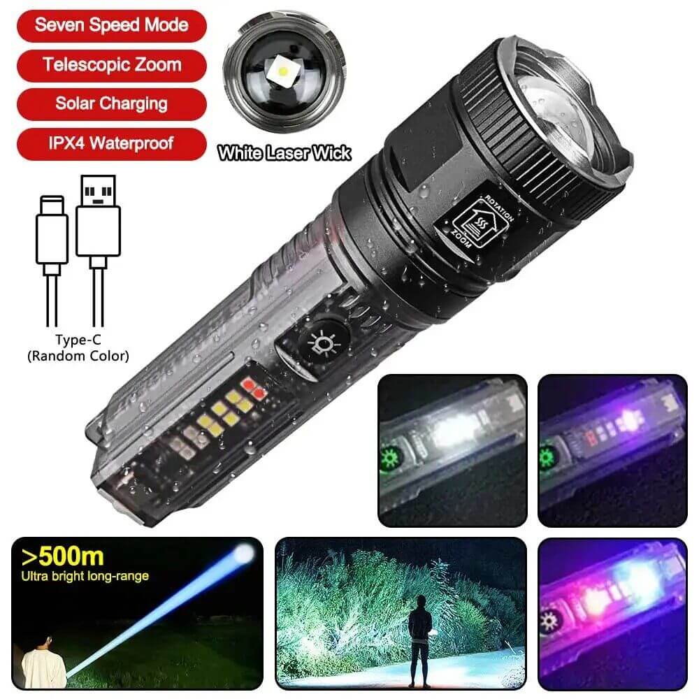 【SG-X36】🔥🎁Super Bright Solar Charging Laser Zoom Tactical Flashlight