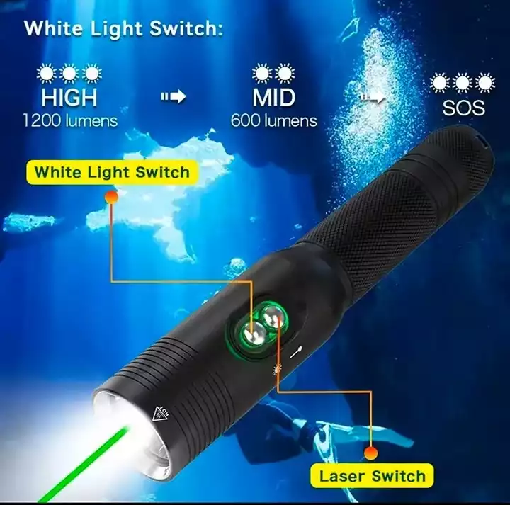 Waterproof IPX8 Diving Light With 520nm Green Laser Pointer