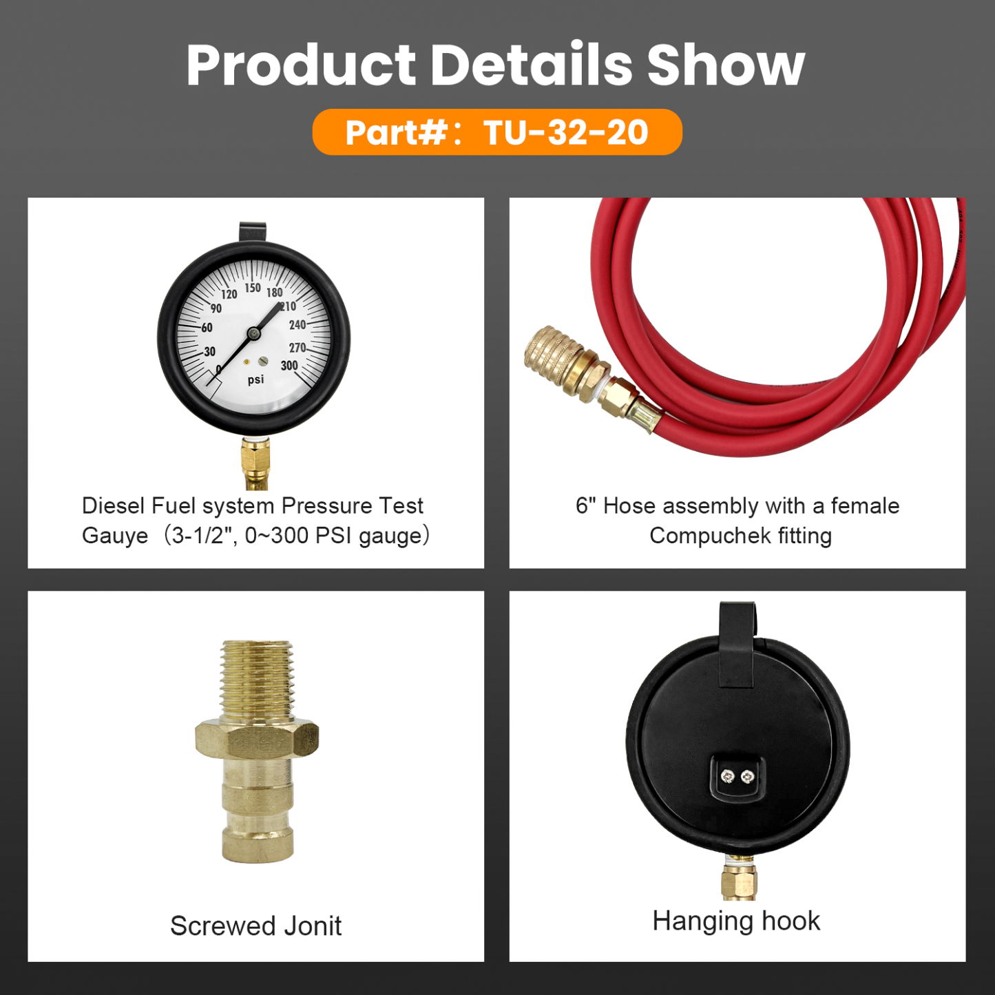 Compuchek Diesel Fuel Pressure Test Gauge, 0-300 psi, fit for Cummins Diesel Engines and Other Diesel Engines with Compuchek Test Ports, for Road Testing(6ft)