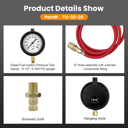 Compuchek Diesel Fuel Pressure Test Gauge, 0-300 psi, fit for Cummins Diesel Engines and Other Diesel Engines with Compuchek Test Ports, for Road Testing(6ft)