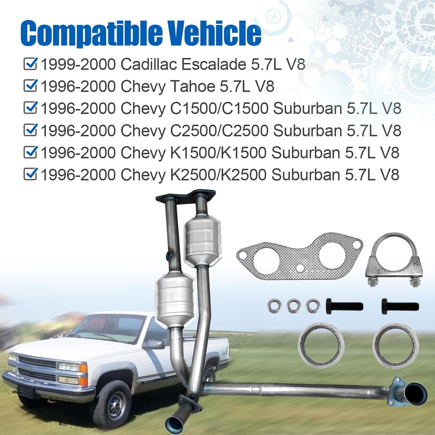 Y-Pipe Catalytic Converter fit for 1996-2000 Cadillac Escalade Chevy Tahoe GMC Yukon Suburban 5.7L V8 Engine