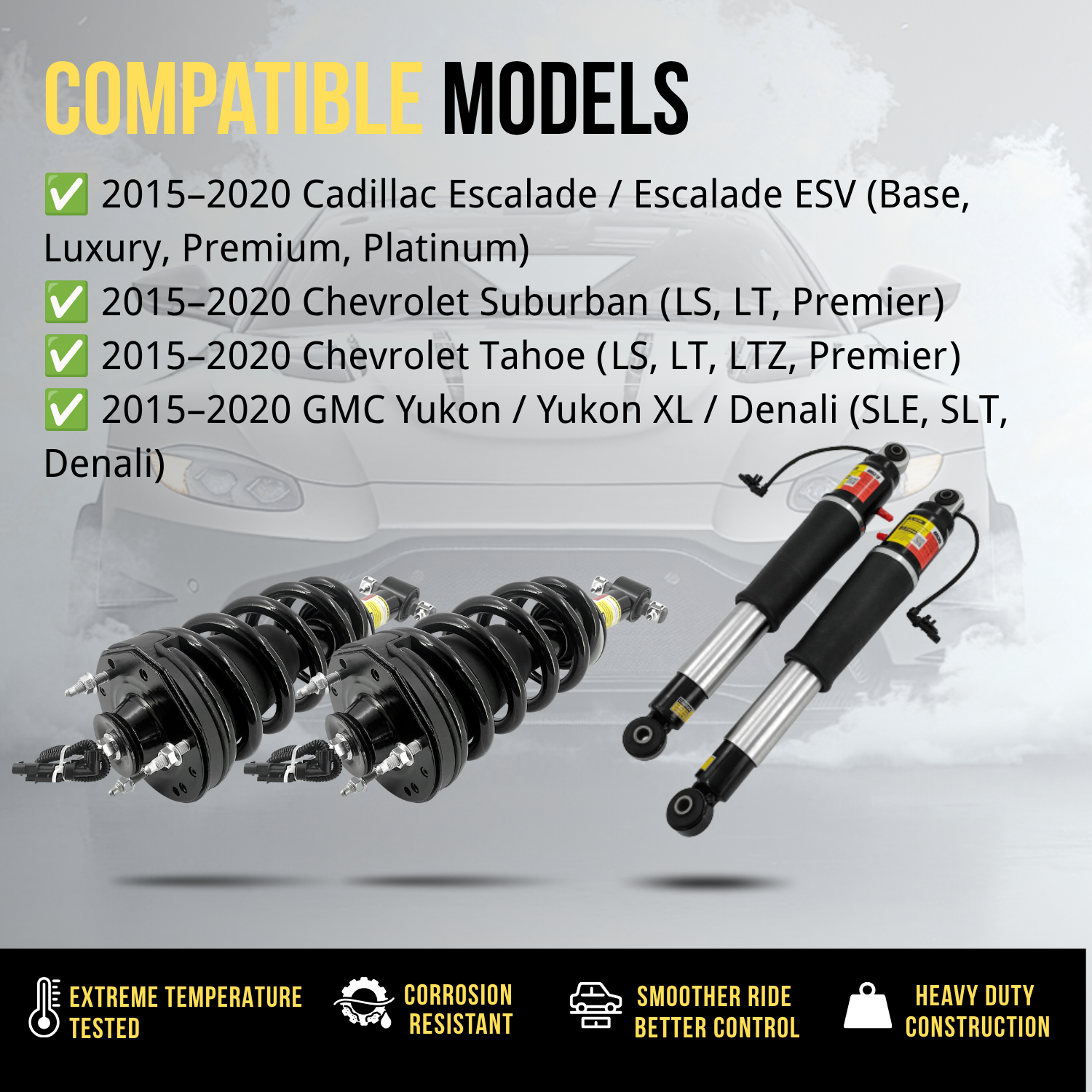4PCS Front Rear Shocks Struts Kit Fit for 2015–2020 GMC Yukon Denali, Cadillac Escalade, Chevy Tahoe Suburban Replace #84176631 #84176675