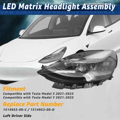 Front Left Driver Side LED Headlights Assembly Compatible with 2021-2023 Tesla Model 3 Model Y 