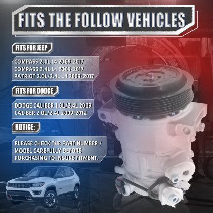 Air Conditioner Compressor w/Clutch Fits for Jeep Compass Patriot 2.0L/2.4L 2009-2017, for Dodge Caliber 1.8L/2.4L 2009, Caliber 2.0L/2.4L 2009-2012
