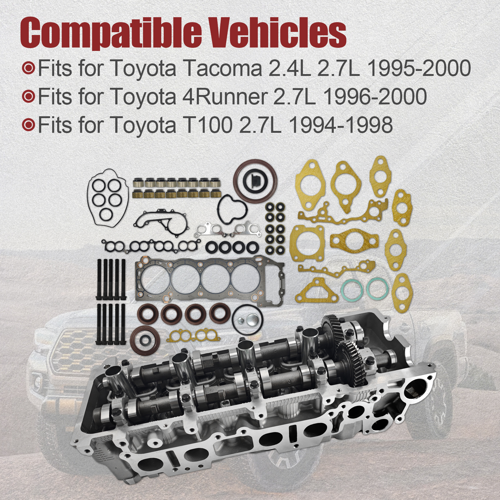 Cylinder Head Assembly for Toyota Tacoma 2.4L 2.7L 1995-2000 4Runner 2.7L 1996-2000 T100 2.7L 1994-1998 for 2RZFE 3RZFE L4 8 Ports w/Bolts