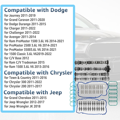 Engine Camshafts Rockers Arm Lifters Kit Replacement for Jeep Wrangler Dodge Durango Challenger Journey Avenger RAM ProMaster for Chrysler 2011-2022, for 3.6L V6