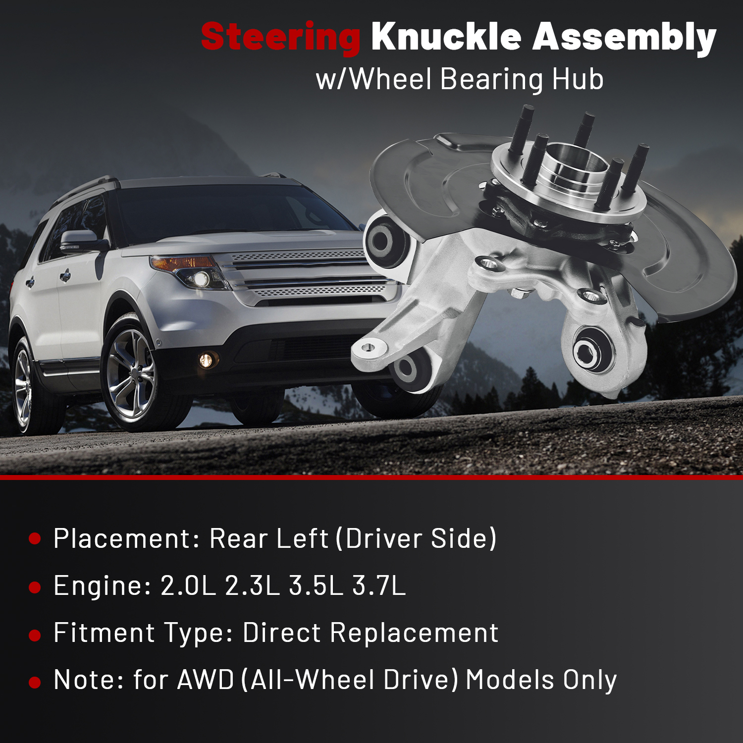 Rear Left Steering Knuckle Assembly Compatible with Ford Explorer 2011-2019, Police Interceptor Utility 2013-2019, AWD, Driver Side Spindle Knuckle w/Wheel Bearing Hub