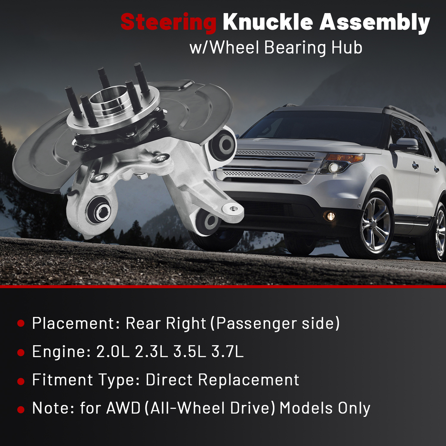 Rear Right Steering Knuckle Assembly fit for Ford Explorer 2011-2019, Police Interceptor Utility 2013-2019, AWD, Passenger Side Spindle Knuckle w/Wheel Bearing Hub