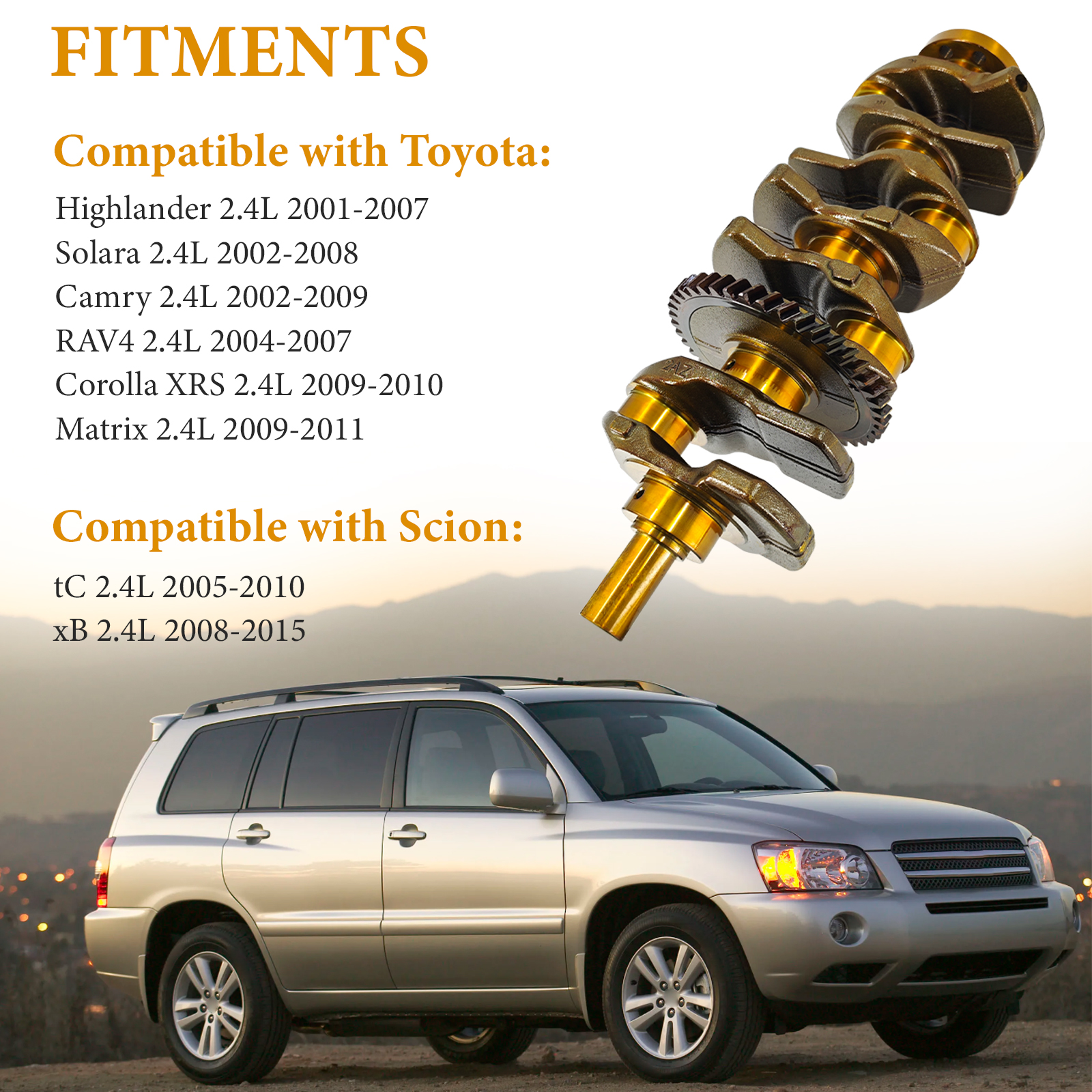 2AZ-FE Engine Rebuild Kit Crankshaft Rods Bearings Pistons Ring Head Gasket Replacement for Toyota Camry Highlander RAV4 Solara Corolla Matrix for Scion tC xB 2.4L