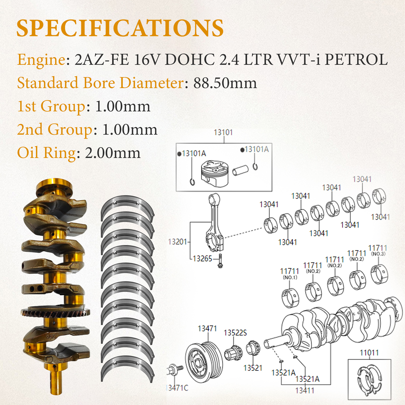 2AZ-FE Engine Rebuild Kit Crankshaft Rods Bearings Pistons Ring Head Gasket Replacement for Toyota Camry Highlander RAV4 Solara Corolla Matrix for Scion tC xB 2.4L