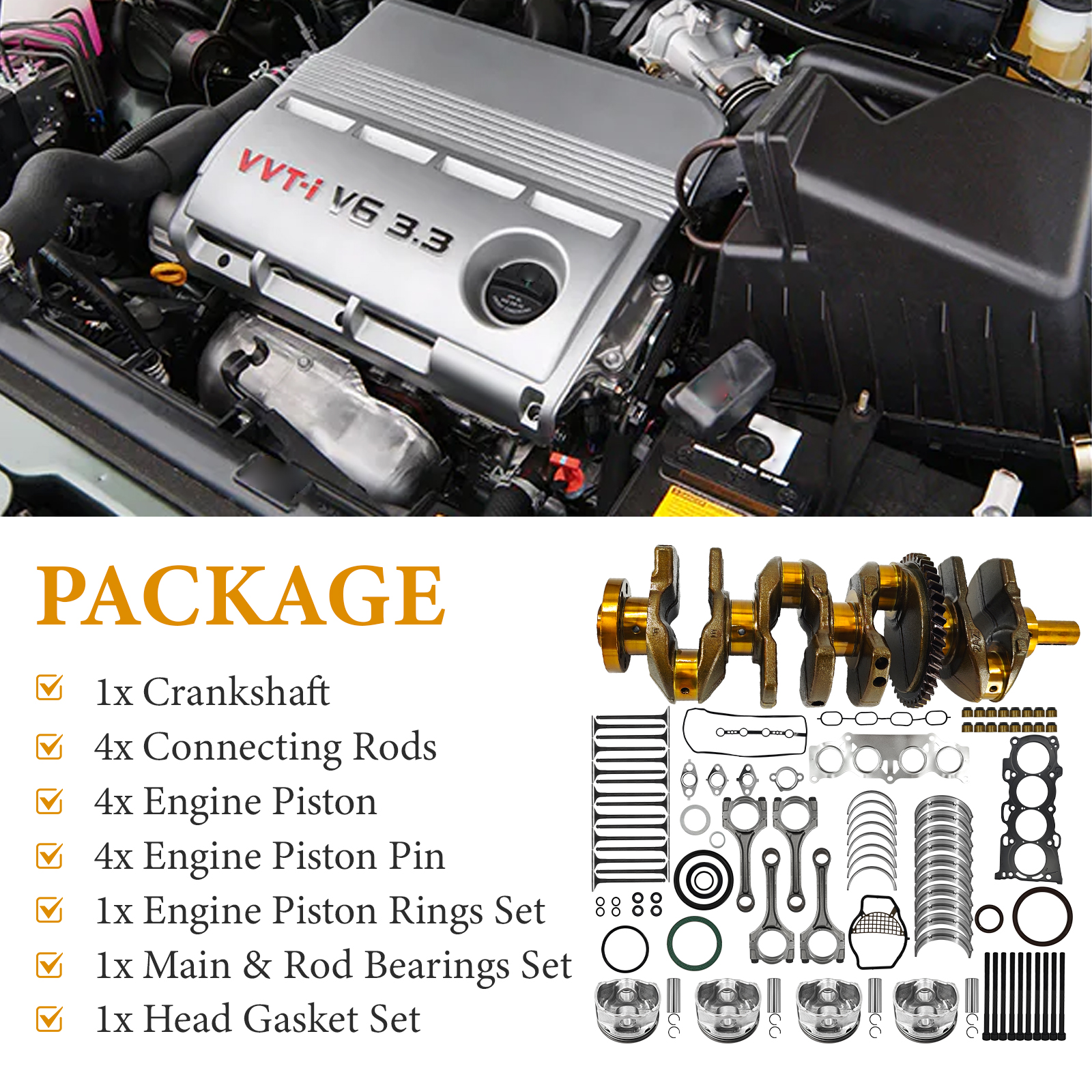 2AZ-FE Engine Rebuild Kit Crankshaft Rods Bearings Pistons Ring Head Gasket Replacement for Toyota Camry Highlander RAV4 Solara Corolla Matrix for Scion tC xB 2.4L