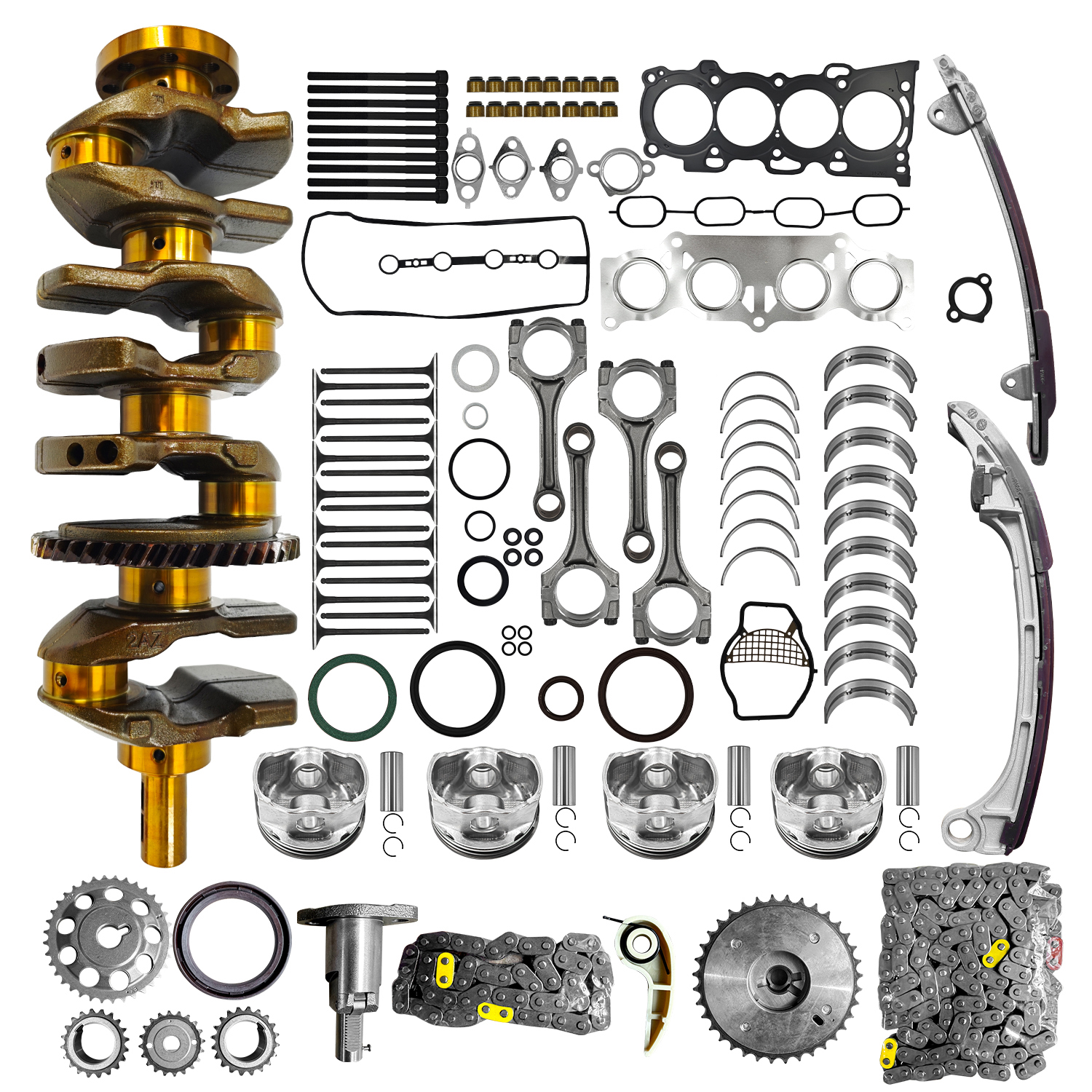 2AZFE Engine Rebuild Kit Crankshaft Rods Bearings Pistons Ring Timing Chain Head Gasket Replacement for Toyota Camry Highlander RAV4 Solara Corolla Matrix Replacement for Scion tC xB 2.4L 13401-28030