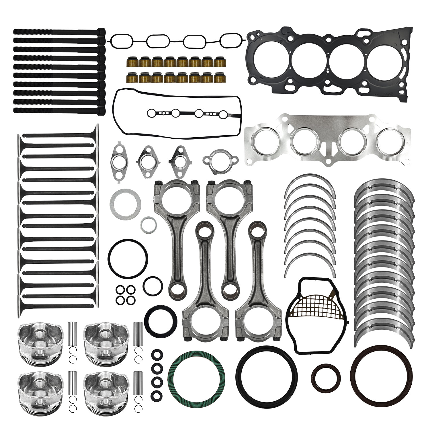 2AZFE Engine Rebuild Kit Crankshaft Rods Bearings Pistons Ring Timing Chain Head Gasket Replacement for Toyota Camry Highlander RAV4 Solara Corolla Matrix Replacement for Scion tC xB 2.4L 13401-28030