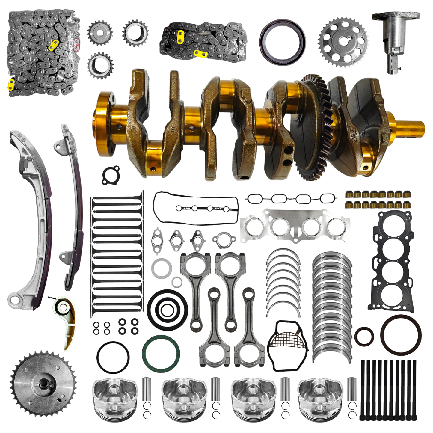 2AZFE Engine Rebuild Kit Crankshaft Rods Bearings Pistons Ring Timing Chain Head Gasket Replacement for Toyota Camry Highlander RAV4 Solara Corolla Matrix Replacement for Scion tC xB 2.4L 13401-28030