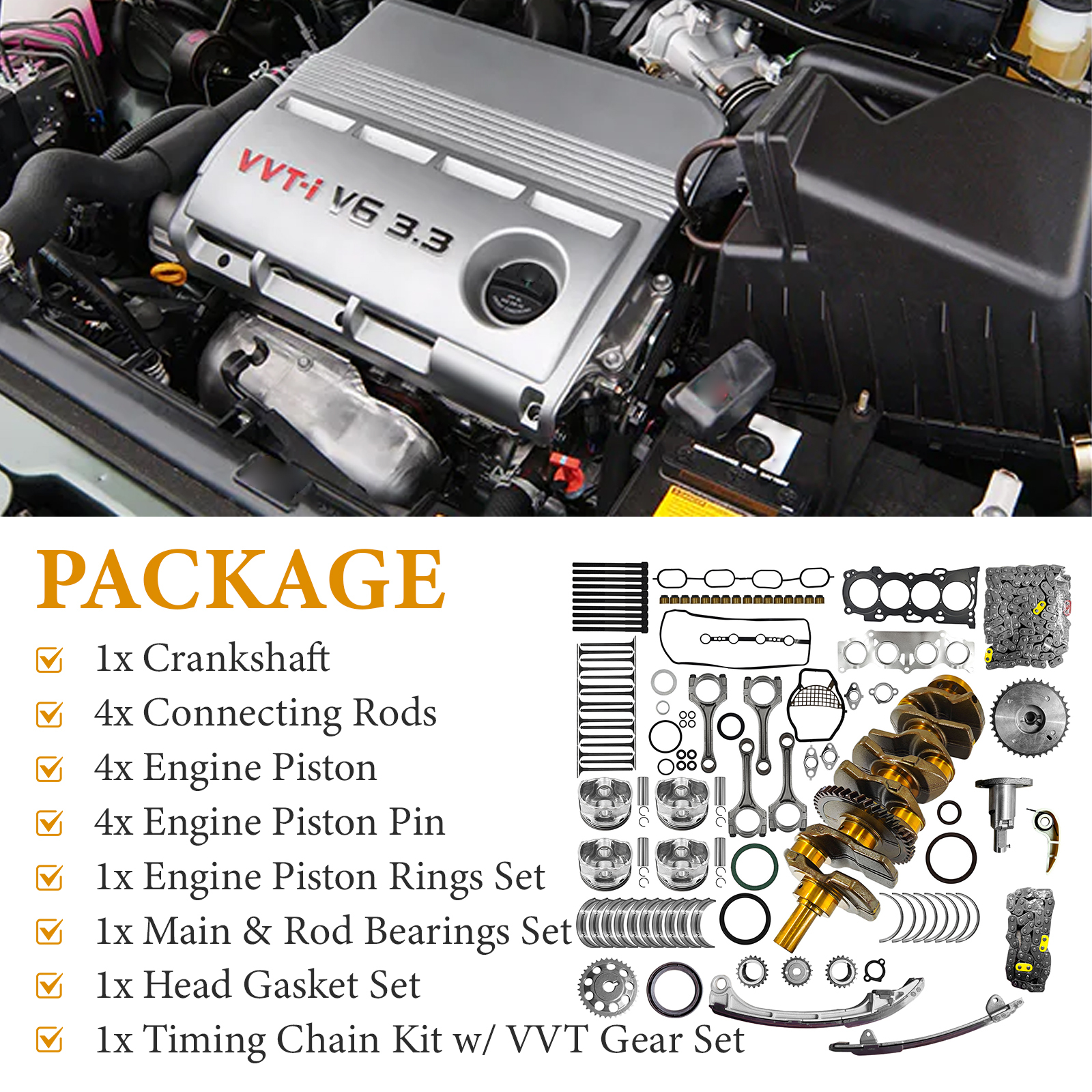 2AZFE Engine Rebuild Kit Crankshaft Rods Bearings Pistons Ring Timing Chain Head Gasket Replacement for Toyota Camry Highlander RAV4 Solara Corolla Matrix Replacement for Scion tC xB 2.4L 13401-28030