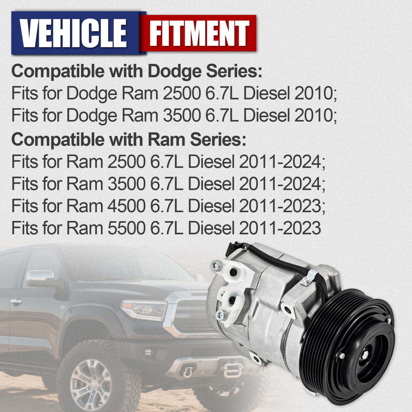 AC Compressor w/Clutch 8 Grooves Compatible with Dodge Ram 2500 3500 4500 5500 2010-2015 L6 6.7L Diesel 