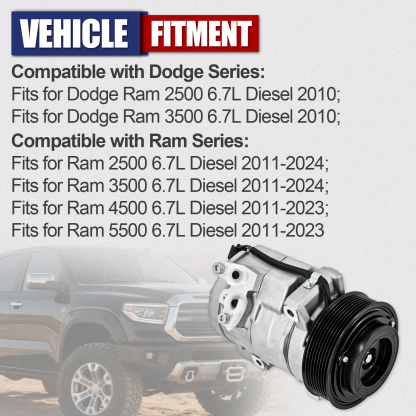 AC Compressor w/Clutch 8 Grooves Compatible with Dodge Ram 2500 3500 4500 5500 2010-2015 L6 6.7L Diesel 