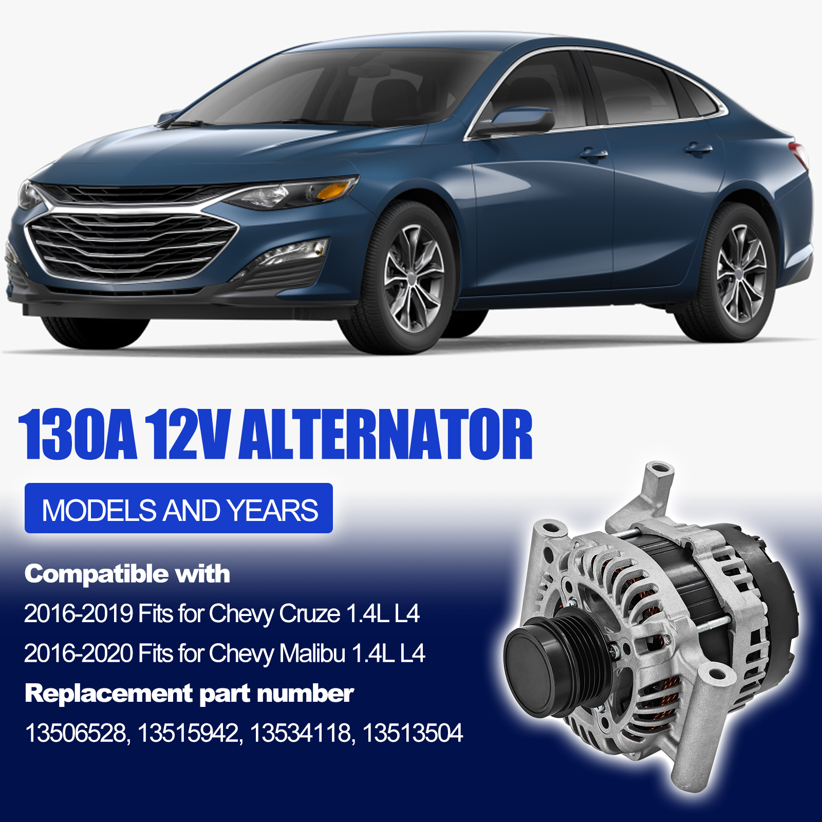 Alternator for Chevrolet Cruze 2016-2019 L4 1.4L, Malibu 2016-2020 L4 1.5L 