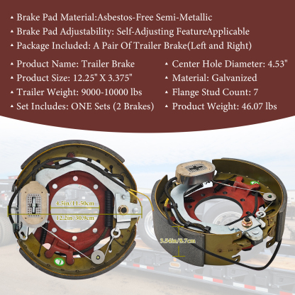 Electric Trailer Brake Assembly 12-1/4" x 3-3/8" Compatible with Dexter 9k to 10k lb Axles, Left & Right