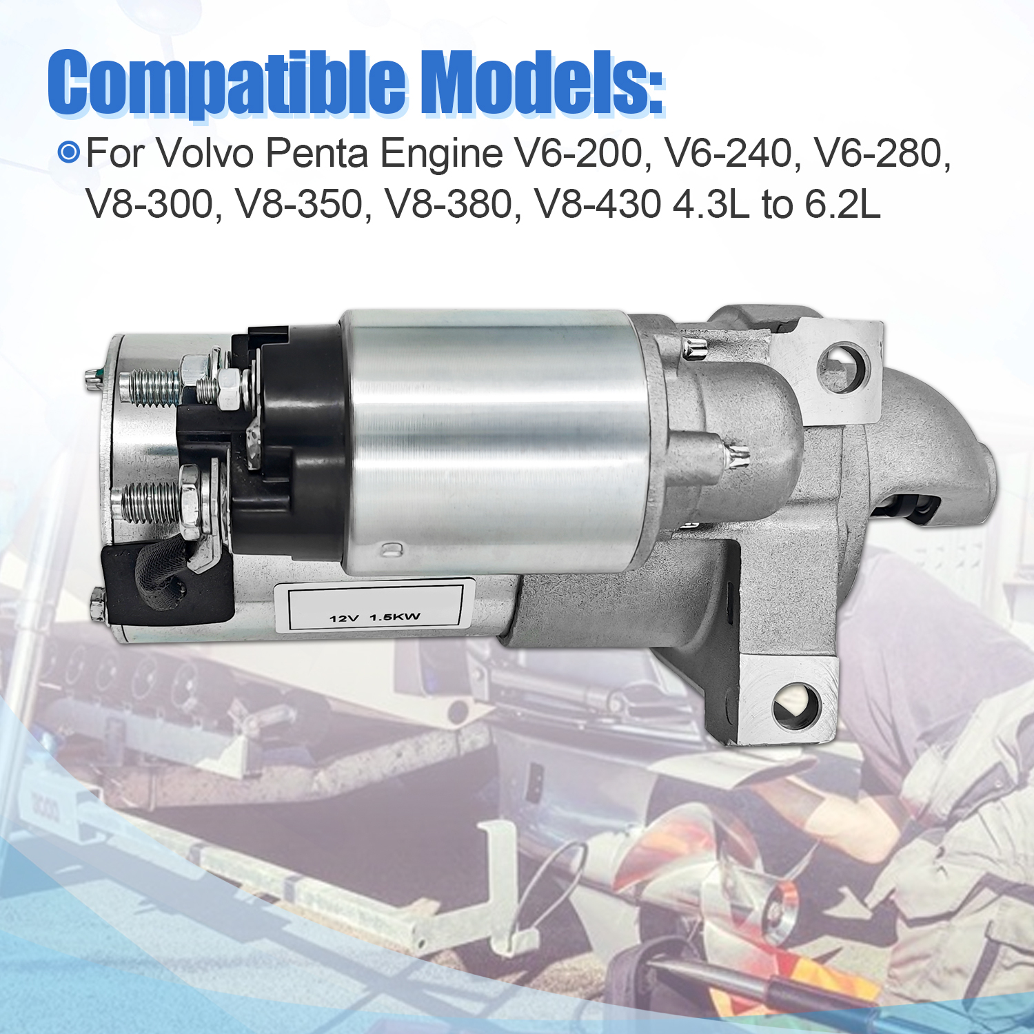 12v 1.5kw Starter Motor Assembly 11T Fit for Volvo Penta Engine V6-200 V6-240 V6-280 V8-300 V8-350 V8-380 V8-430 4.3L 6.2L