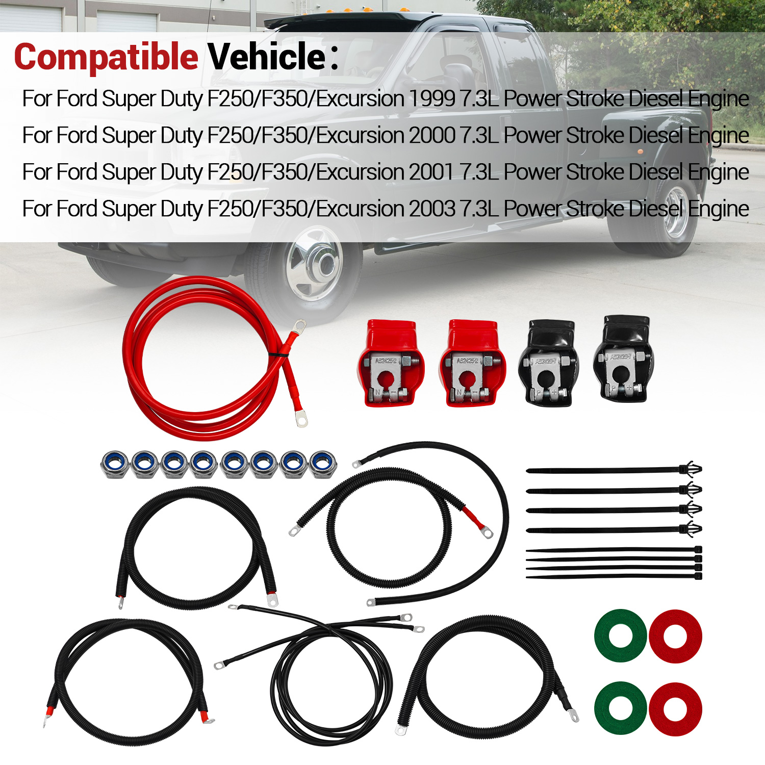 Battery Cable Kit for 1999-2003 Ford Superduty F250 F350 Excursion 7.3L Power Stroke Diesel Engine 2/0 Wire with 90 Degree Bend Atstarter