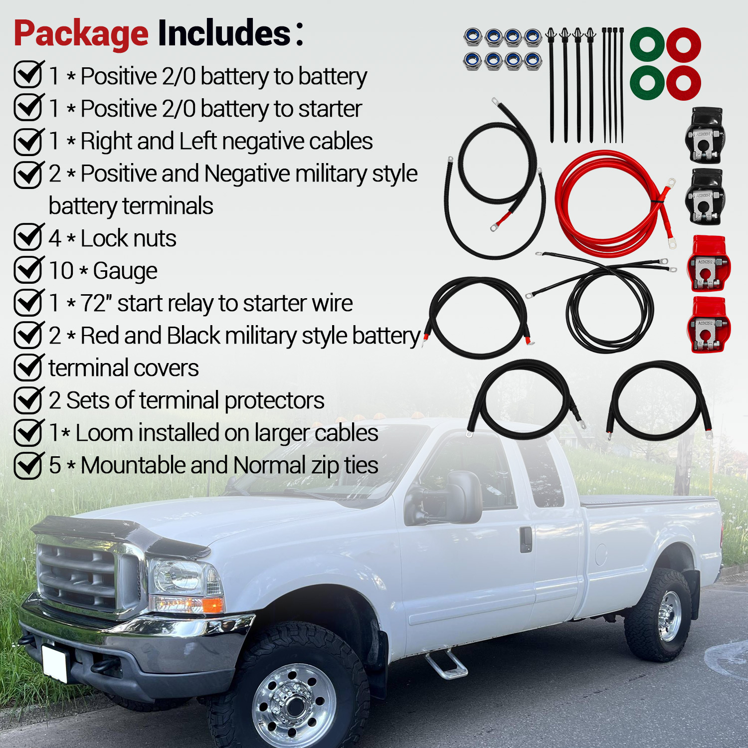 Battery Cable Kit for 1999-2003 Ford Superduty F250 F350 Excursion 7.3L Power Stroke Diesel Engine 2/0 Wire with 90 Degree Bend Atstarter