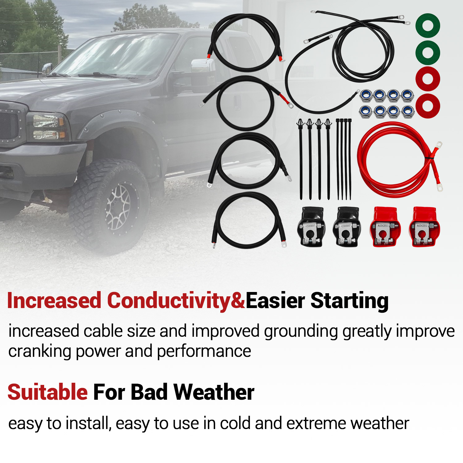 Battery Cable Kit for 1999-2003 Ford Superduty F250 F350 Excursion 7.3L Power Stroke Diesel Engine 2/0 Wire with 90 Degree Bend Atstarter