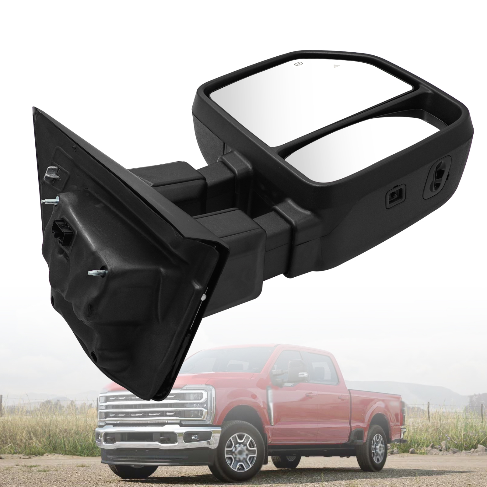 Tow Mirror Fits Right Passenger Side fit for 2023 2024 Ford F250/F350/F450/F600 Support Power Glass Adjust Heated Manual Folding with Turn Signal Light Temperature Sensor BSM Signal Light