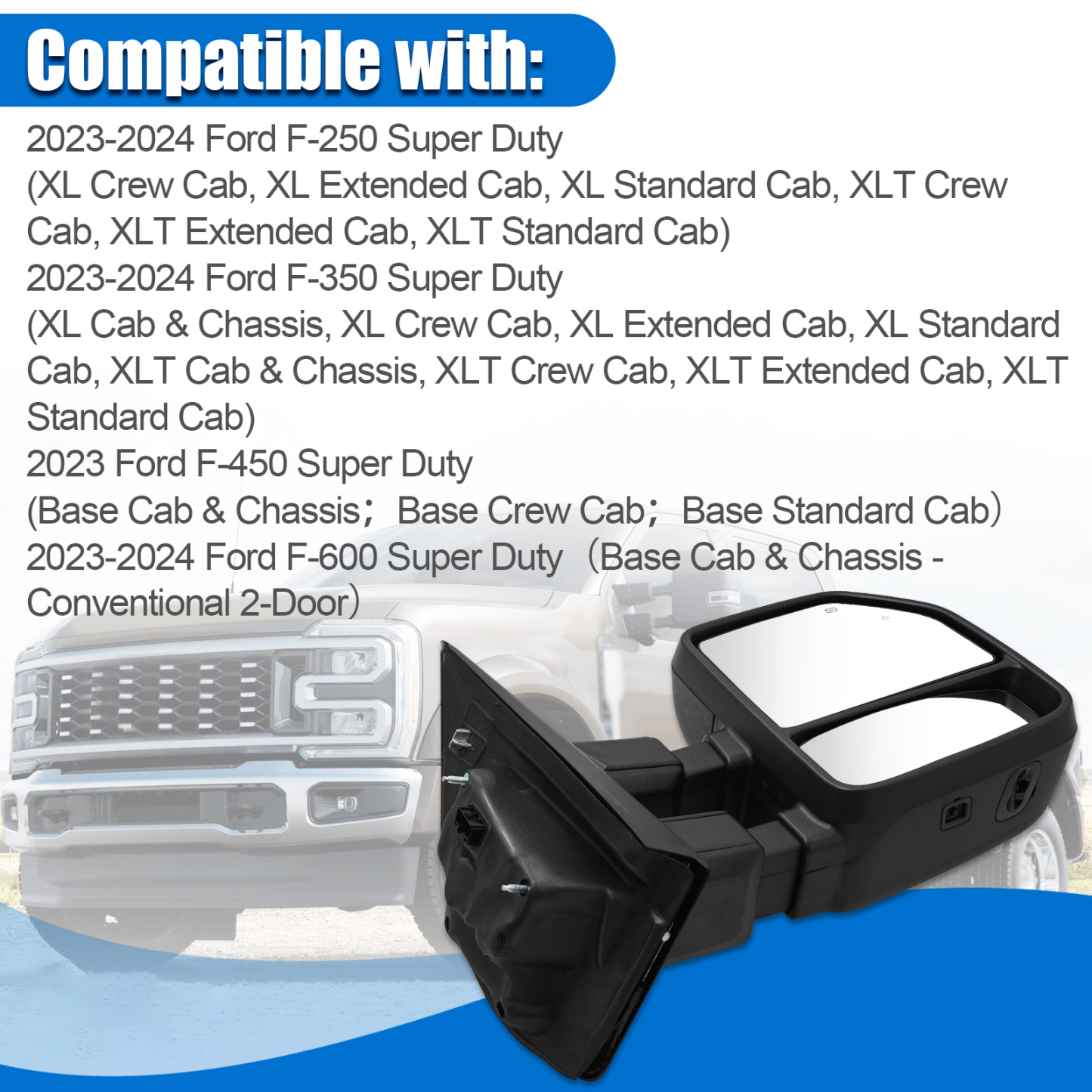 Tow Mirror Fits Right Passenger Side fit for 2023 2024 Ford F250/F350/F450/F600 Support Power Glass Adjust Heated Manual Folding with Turn Signal Light Temperature Sensor BSM Signal Light