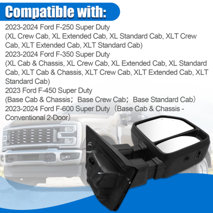 Tow Mirror Fits Right Passenger Side fit for 2023 2024 Ford F250/F350/F450/F600 Support Power Glass Adjust Heated Manual Folding with Turn Signal Light Temperature Sensor BSM Signal Light