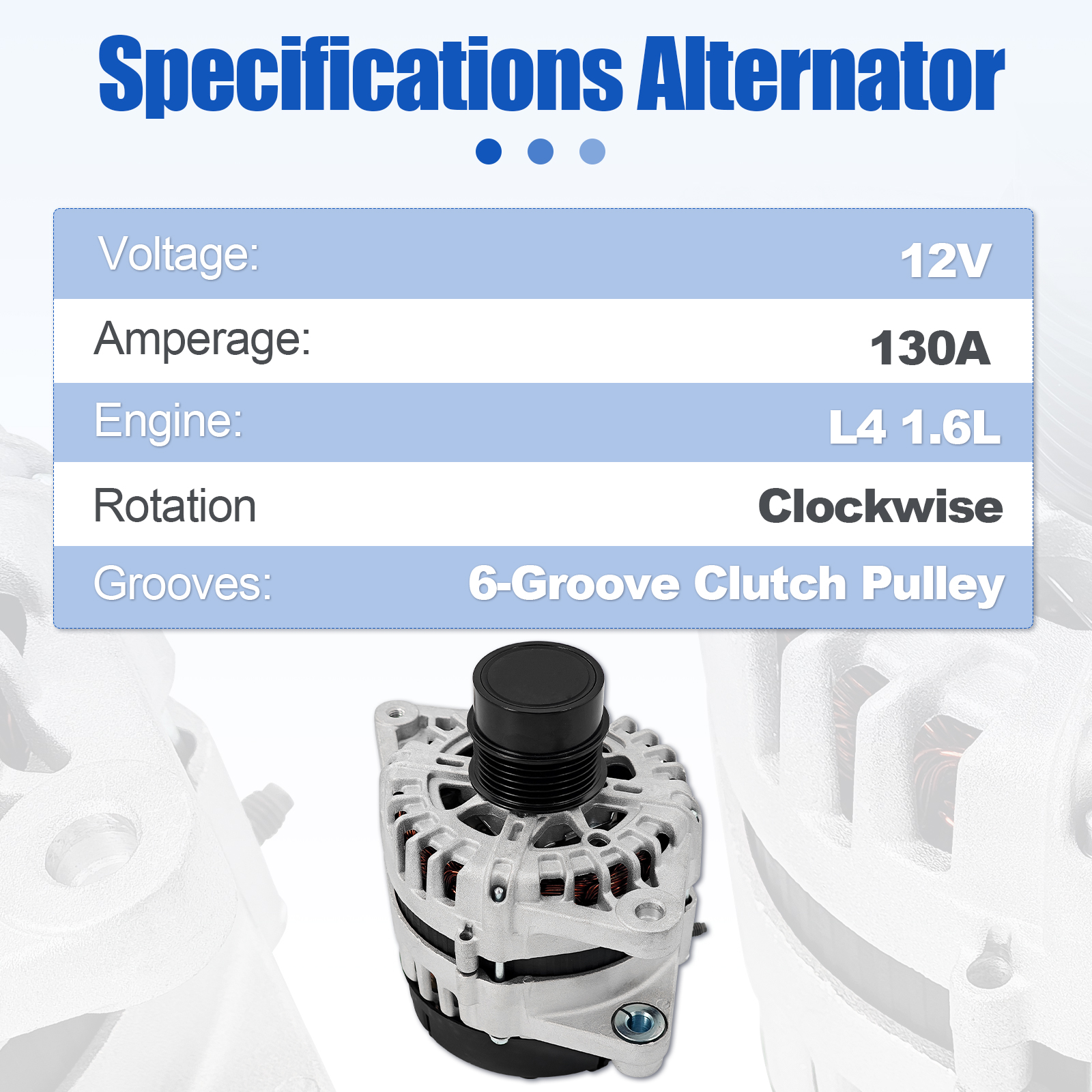 Alternator Replacement for Hyundai Accent L4 1.6L 2018-2019 - Kia Soul Rio Seltos L4 1.6L 2017-2021 130A 12V