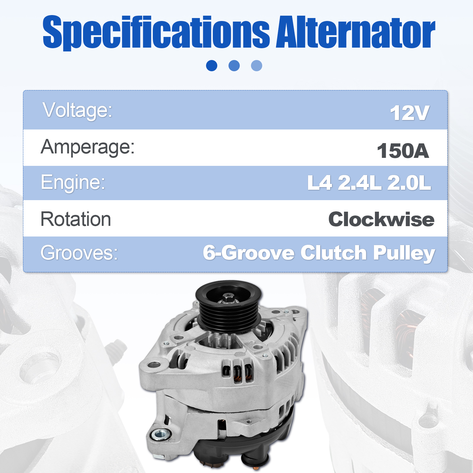 Alternator 12V 150A Replacement for Hyundai Sonata/Santa Fe/Santa Fe Sport 2.0L 2.4L 2015-2019