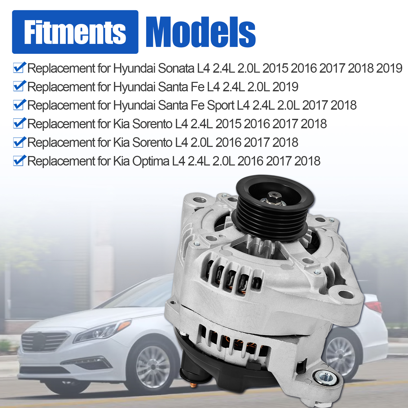 Alternator 12V 150A Replacement for Hyundai Sonata/Santa Fe/Santa Fe Sport 2.0L 2.4L 2015-2019