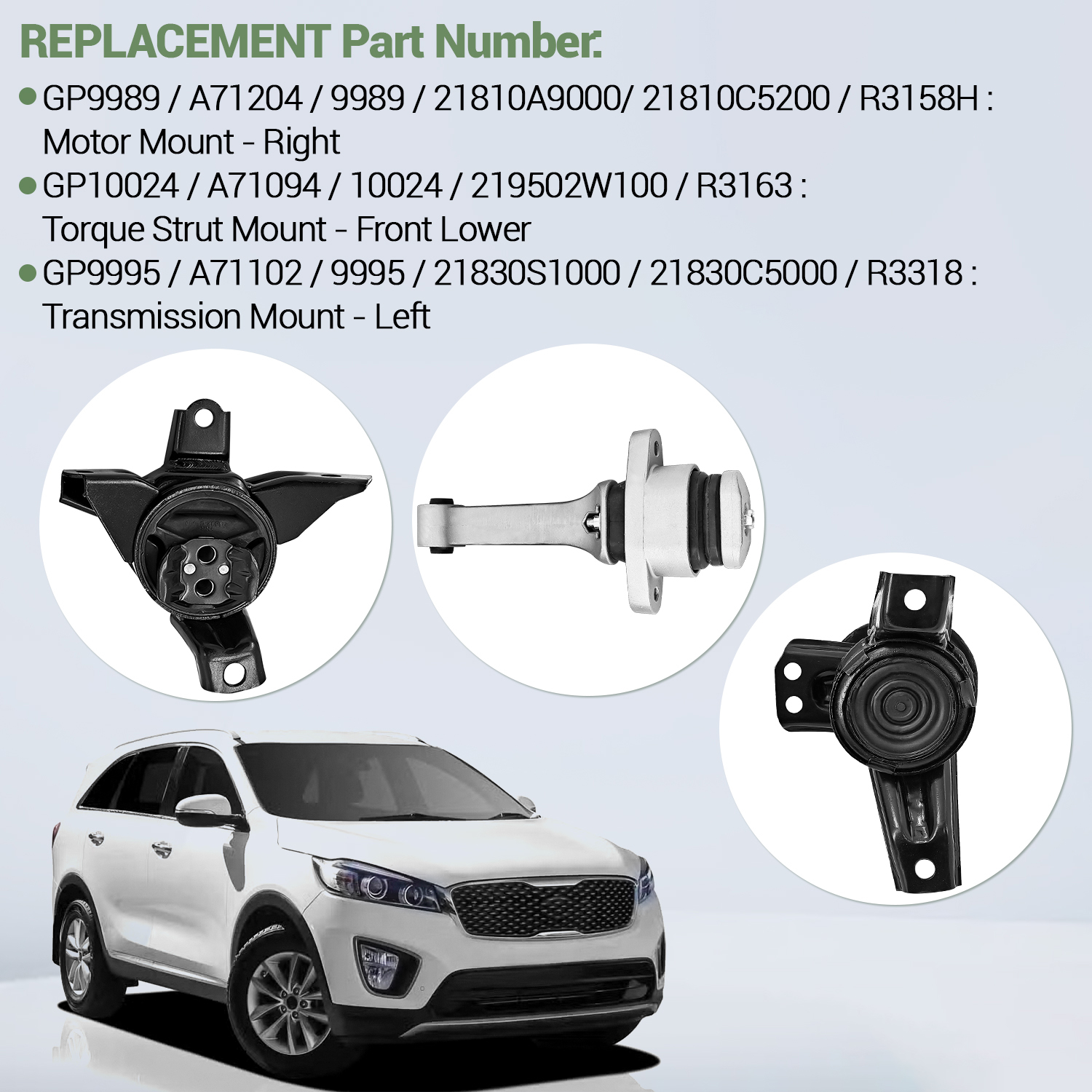 Engine Motor & Transmission Mount Set For Kia Sorento 3.3L at Only-FWD 2016-2020