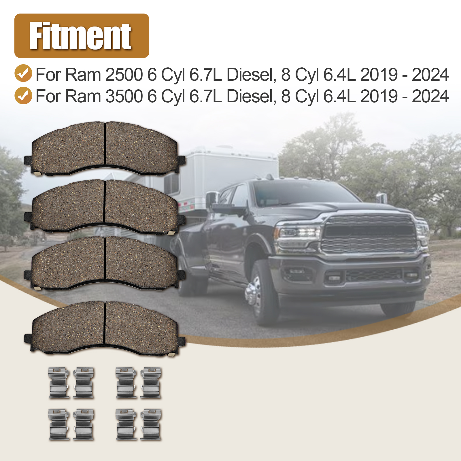  Front Disc Brake Pad Kit Fits for 2019-2024 Dodge Ram 2500 & 3500 6.4L V8 / 6.7L L6 68461656AA