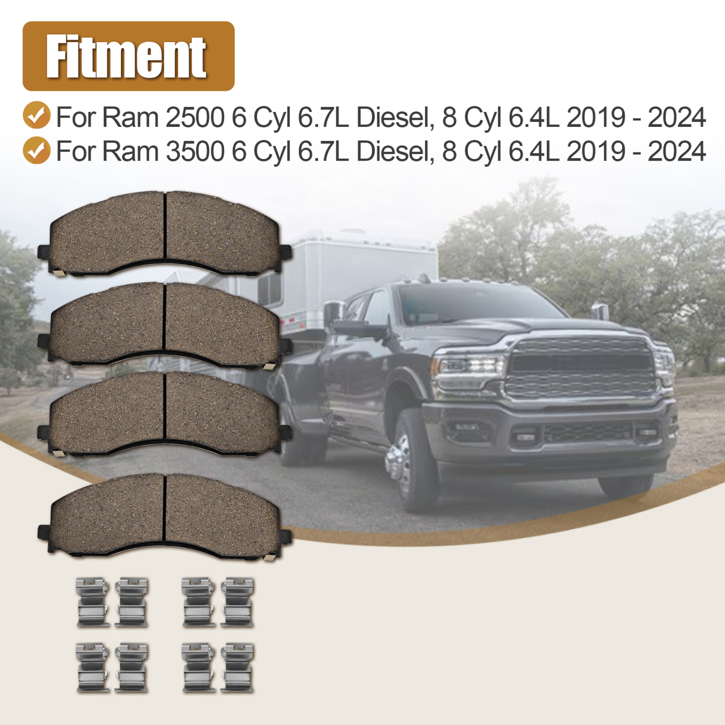  Front Disc Brake Pad Kit Fits for 2019-2024 Dodge Ram 2500 & 3500 6.4L V8 / 6.7L L6 68461656AA