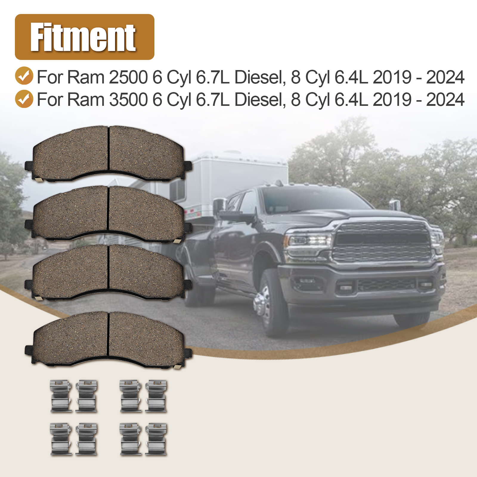  Front Disc Brake Pad Kit Fits for 2019-2024 Dodge Ram 2500 & 3500 6.4L V8 / 6.7L L6 68461656AA