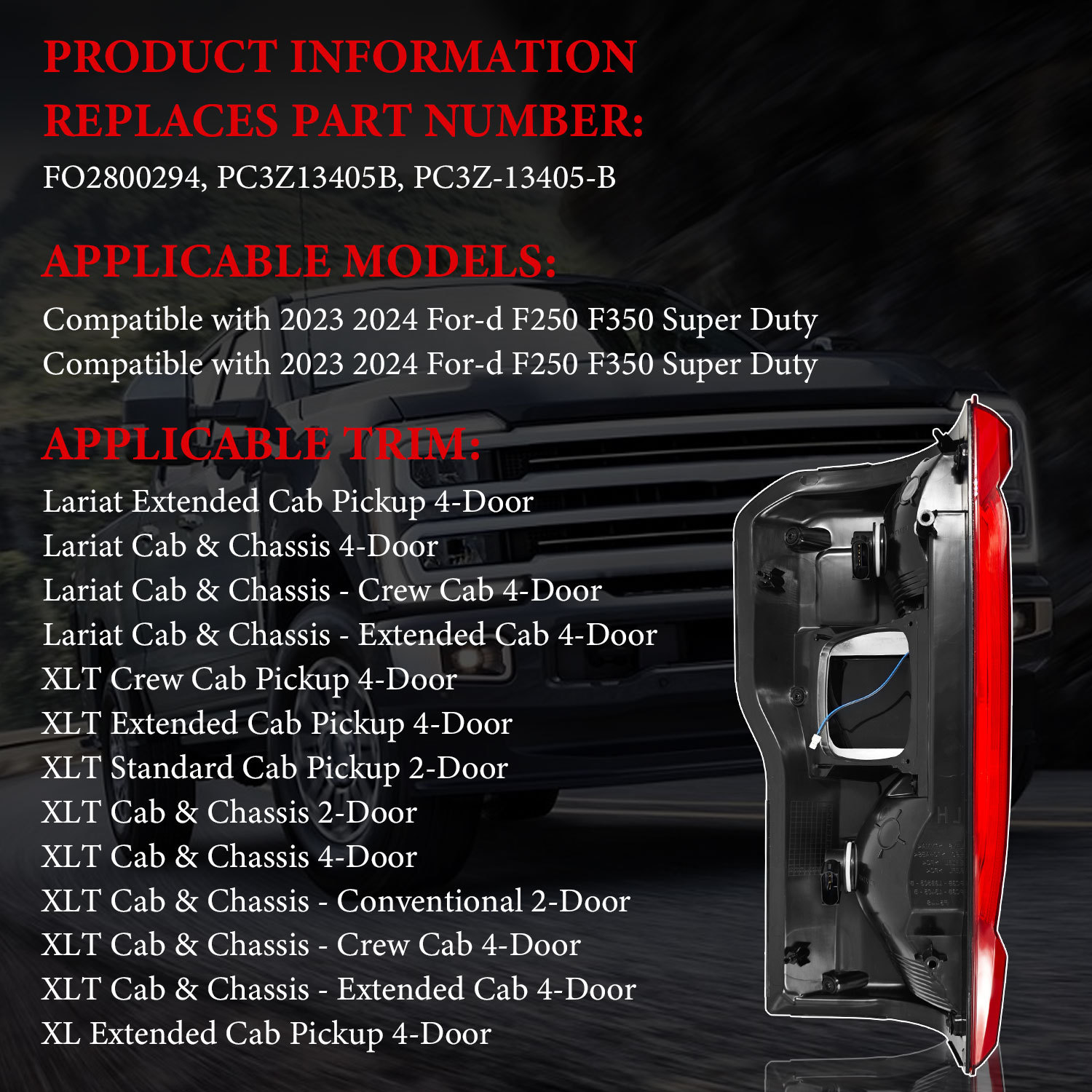 Tail light fit for Ford F250 F350 Super Duty 2023-2024 w/Blind Spot - Right Passenger Side