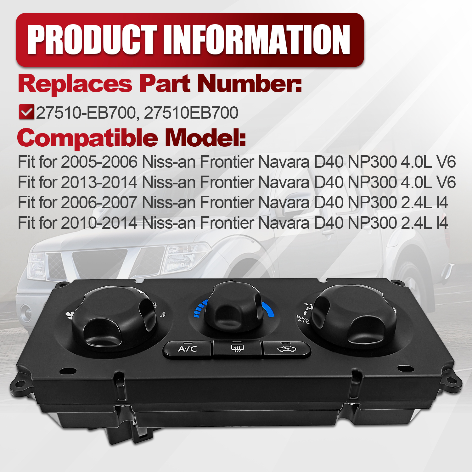 A/C Air Conditioner Switch Fit for Nissan Frontier Navara D40 NP300 2005-2006, 2013-2014 4.0L V6