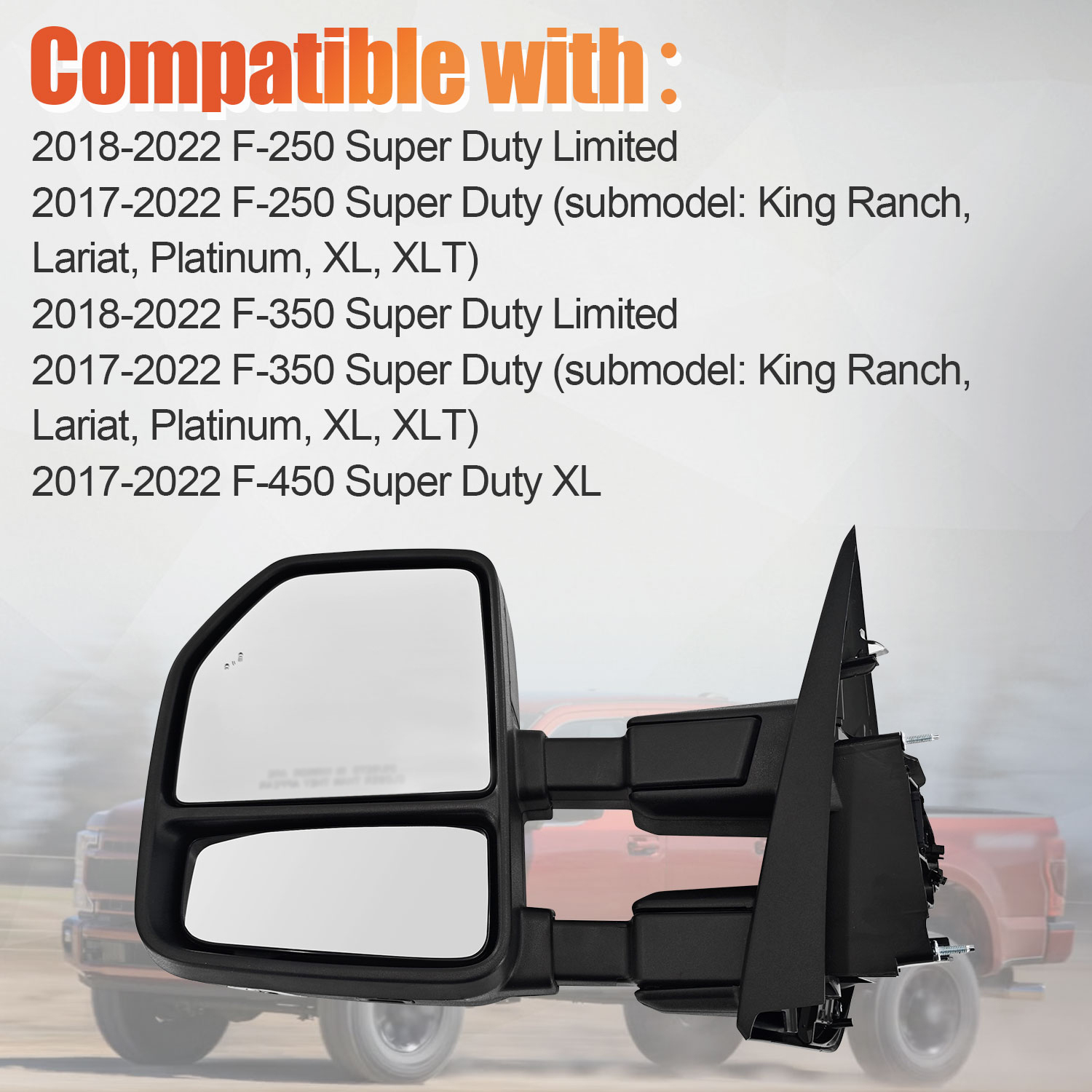 Left Driver Side Tow Mirror Compatible with Ford F250 F350 F450 2017-2022 W/Blind Spot Detection Support Power Glass Power Heated with Turn Signal Light & Puddle Light Manual Folding