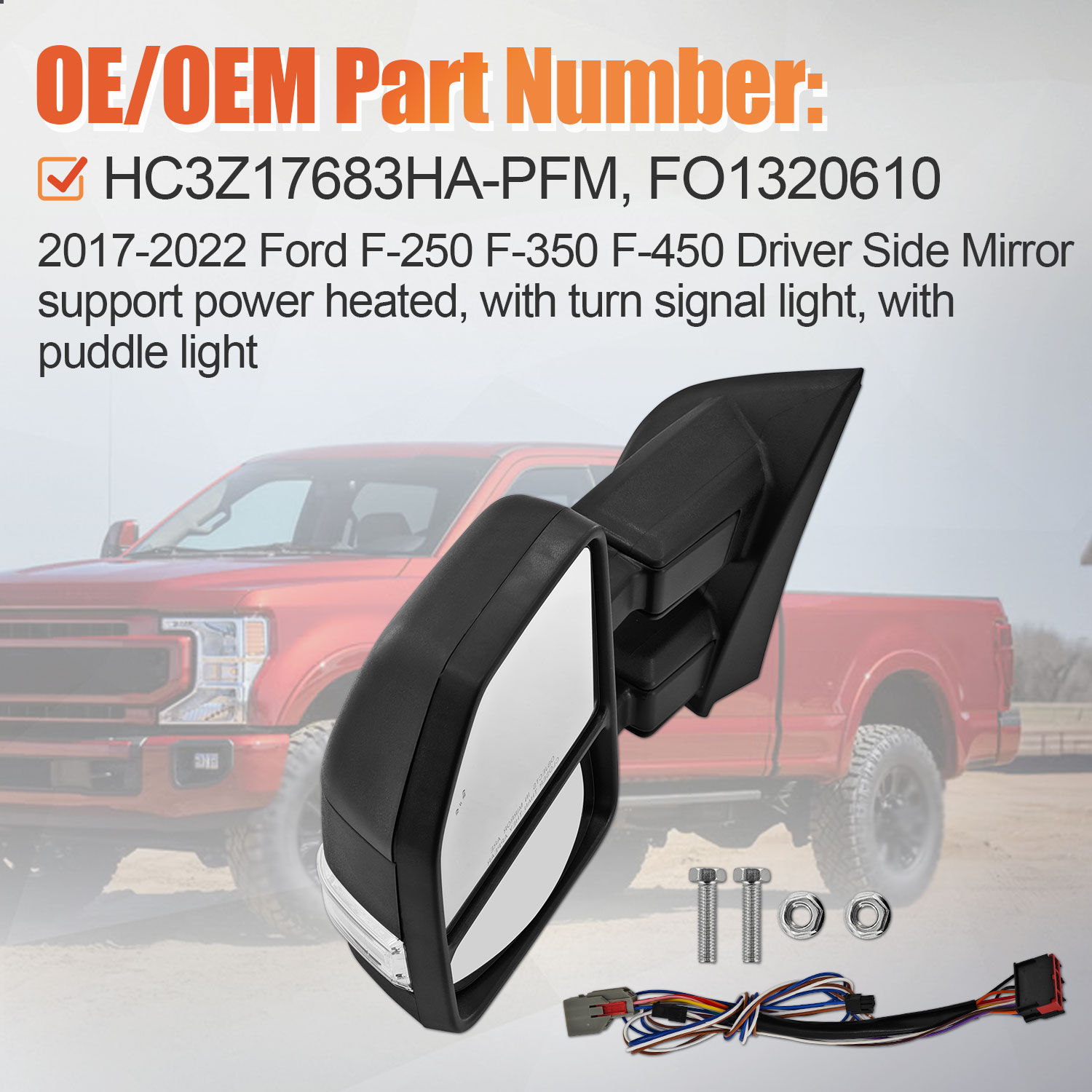 Left Driver Side Tow Mirror Compatible with Ford F250 F350 F450 2017-2022 W/Blind Spot Detection Support Power Glass Power Heated with Turn Signal Light & Puddle Light Manual Folding