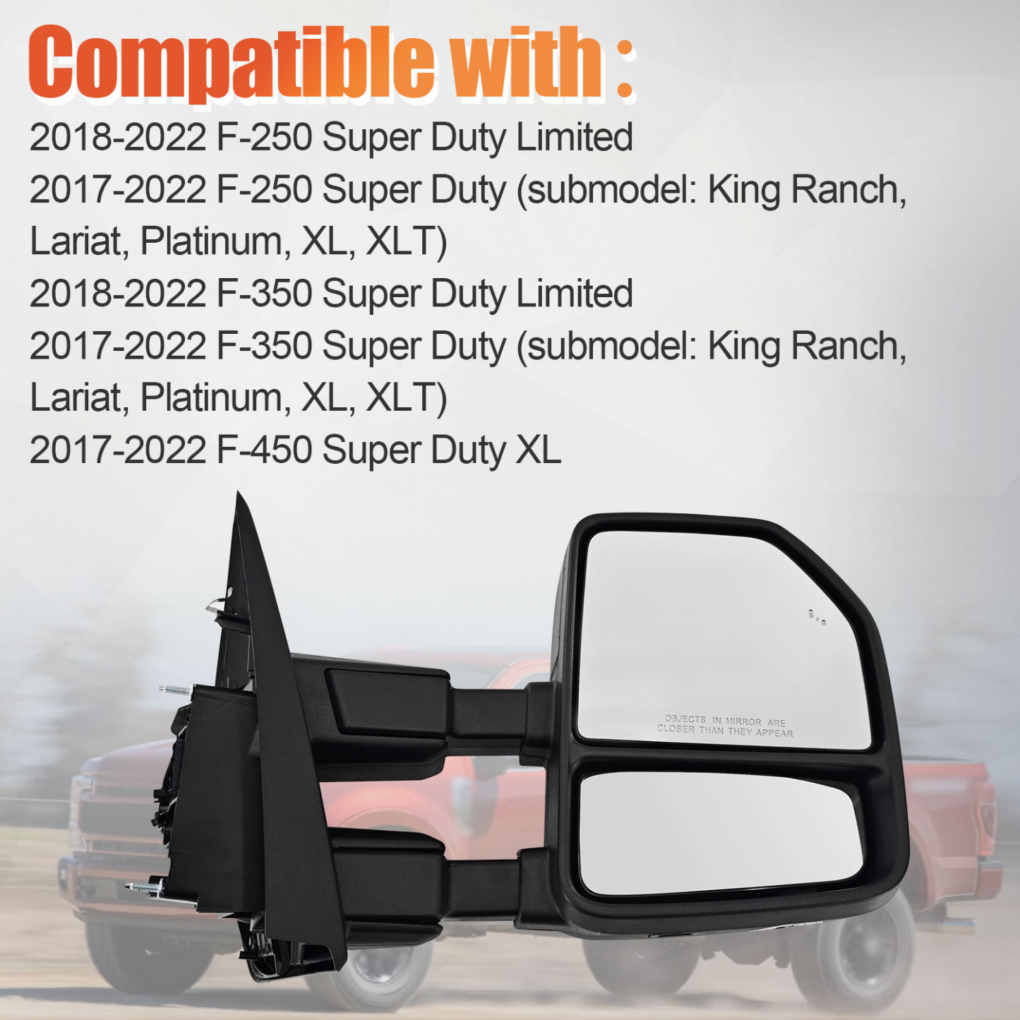 Right Passenger Side Tow Mirror Compatible with Ford F250 F350 F450 2017-2022 W/Blind Spot Detection Support Power Glass Power Heated with Turn Signal Light & Puddle Light Manual Folding