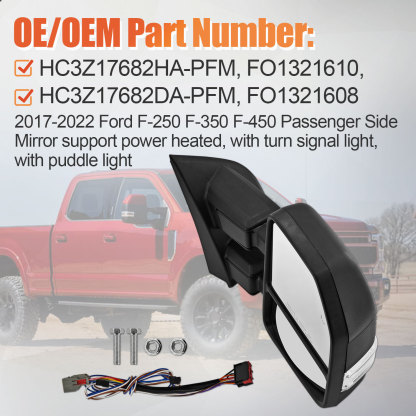 Right Passenger Side Tow Mirror Compatible with Ford F250 F350 F450 2017-2022 W/Blind Spot Detection Support Power Glass Power Heated with Turn Signal Light & Puddle Light Manual Folding
