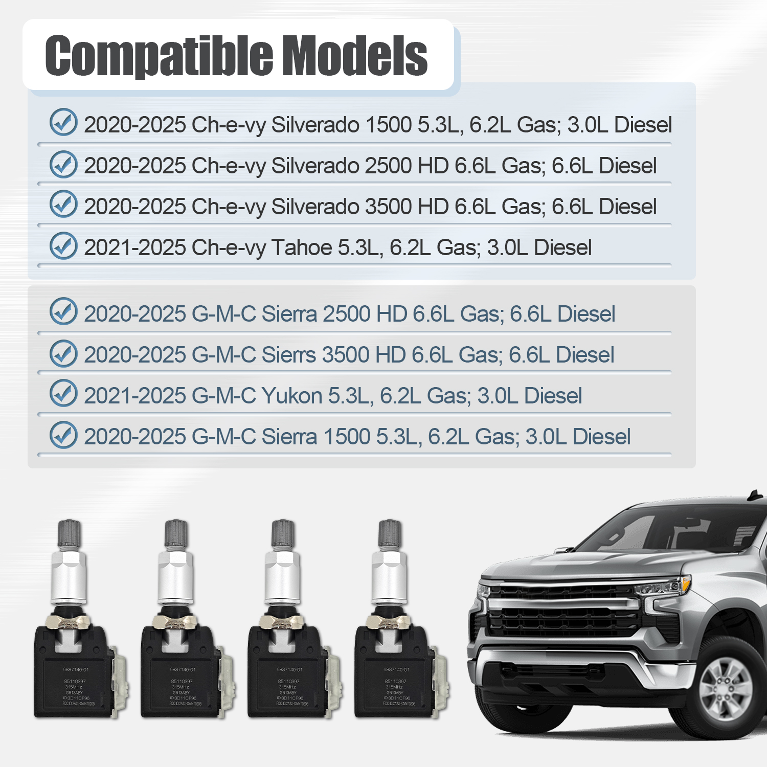 4 Pcs TPMS Trailer Tire Pressure Sensors for 2020-2024 Chevy Silverado & GMC Sierra