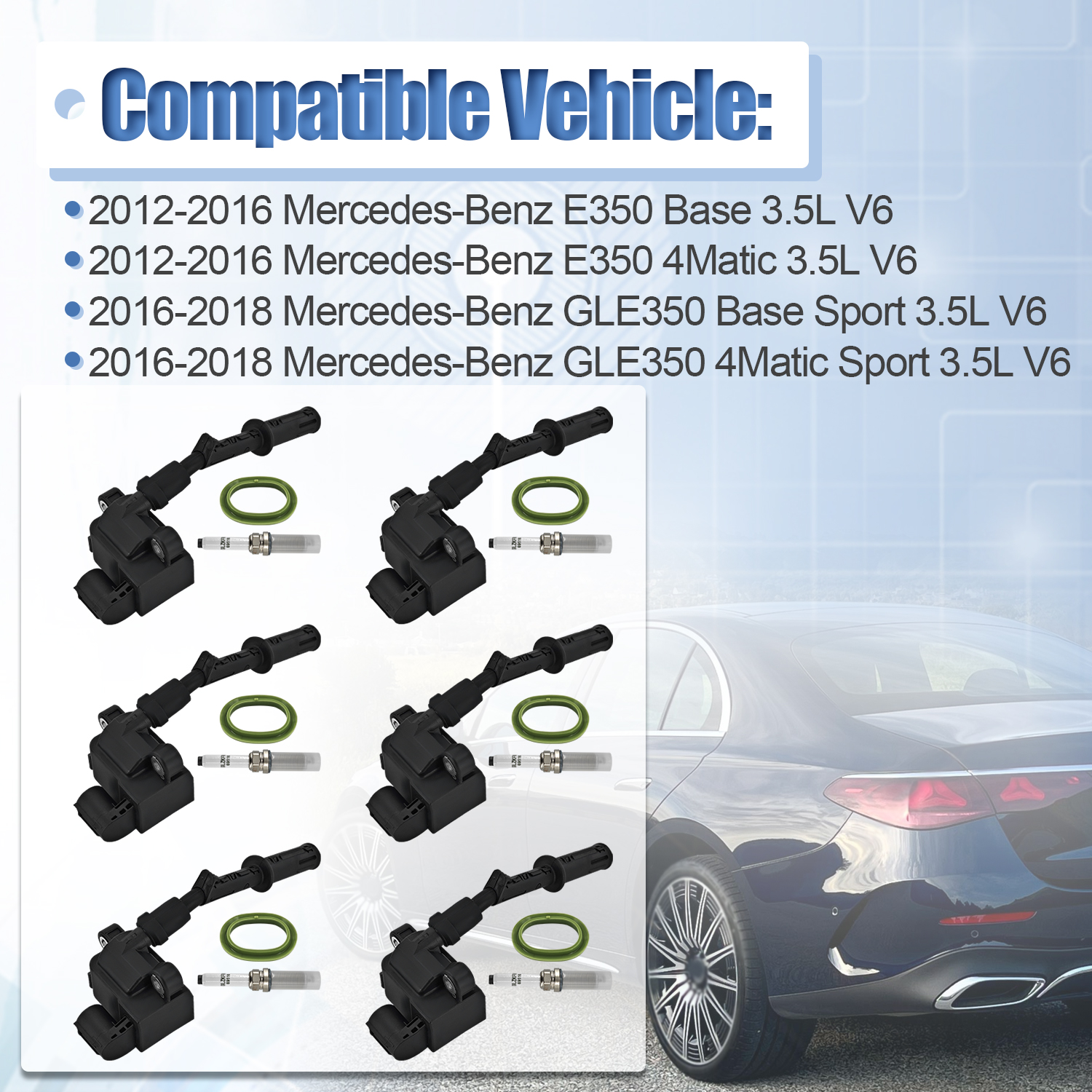 Ignition Tune-Up 6 Spark Plug Coil Kit for Benz GLE350 Base/4Matic Sport 3.5L V6 2016-2018 for 2012-2016 E350 Base/4Matic C207 W212 W166