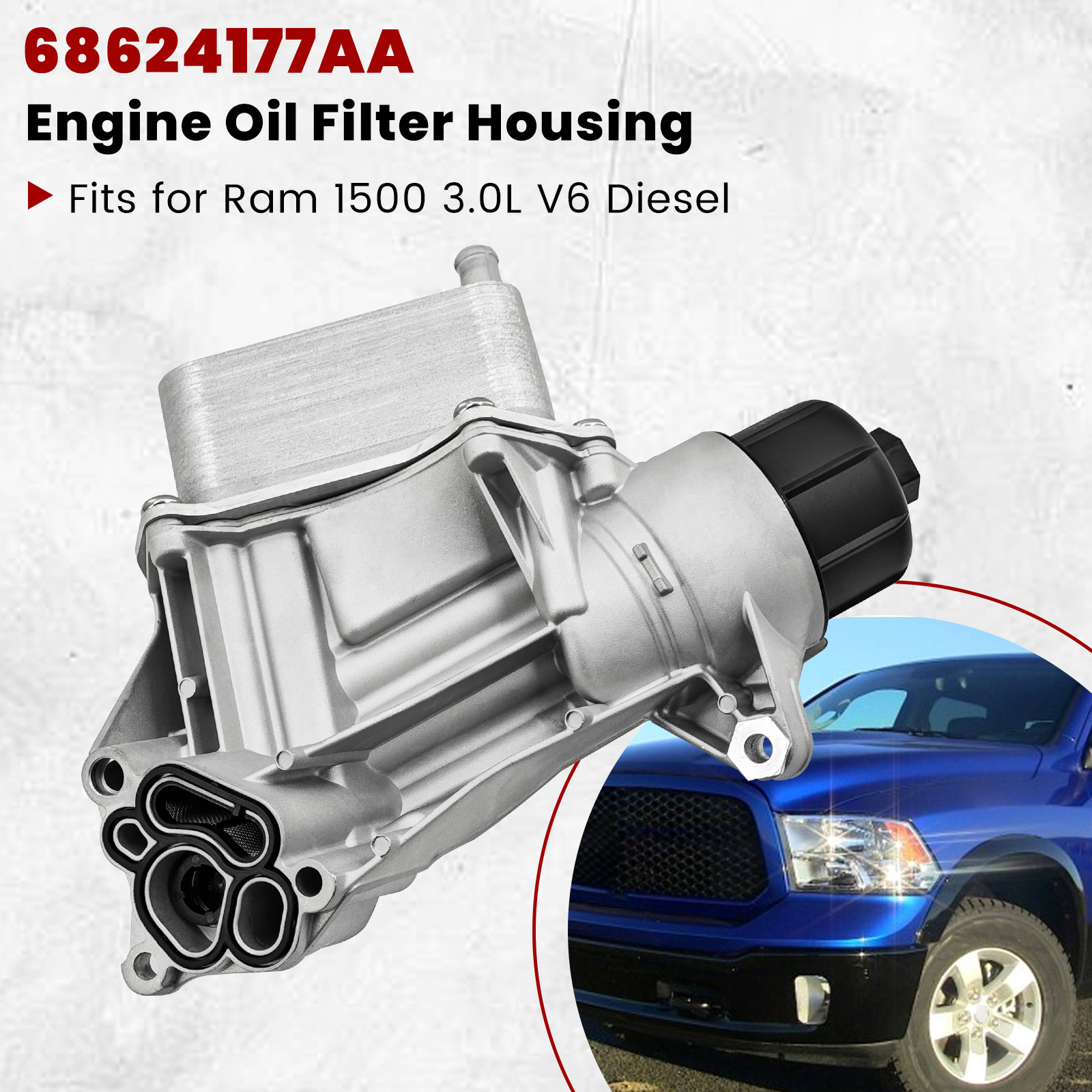 Aluminum Engine Oil Cooler Filter Housing Compatible with Ram 1500 3.0L V6 diesel 2014-2019